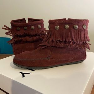 Minnetonka Double Fringe Burgundy Boots